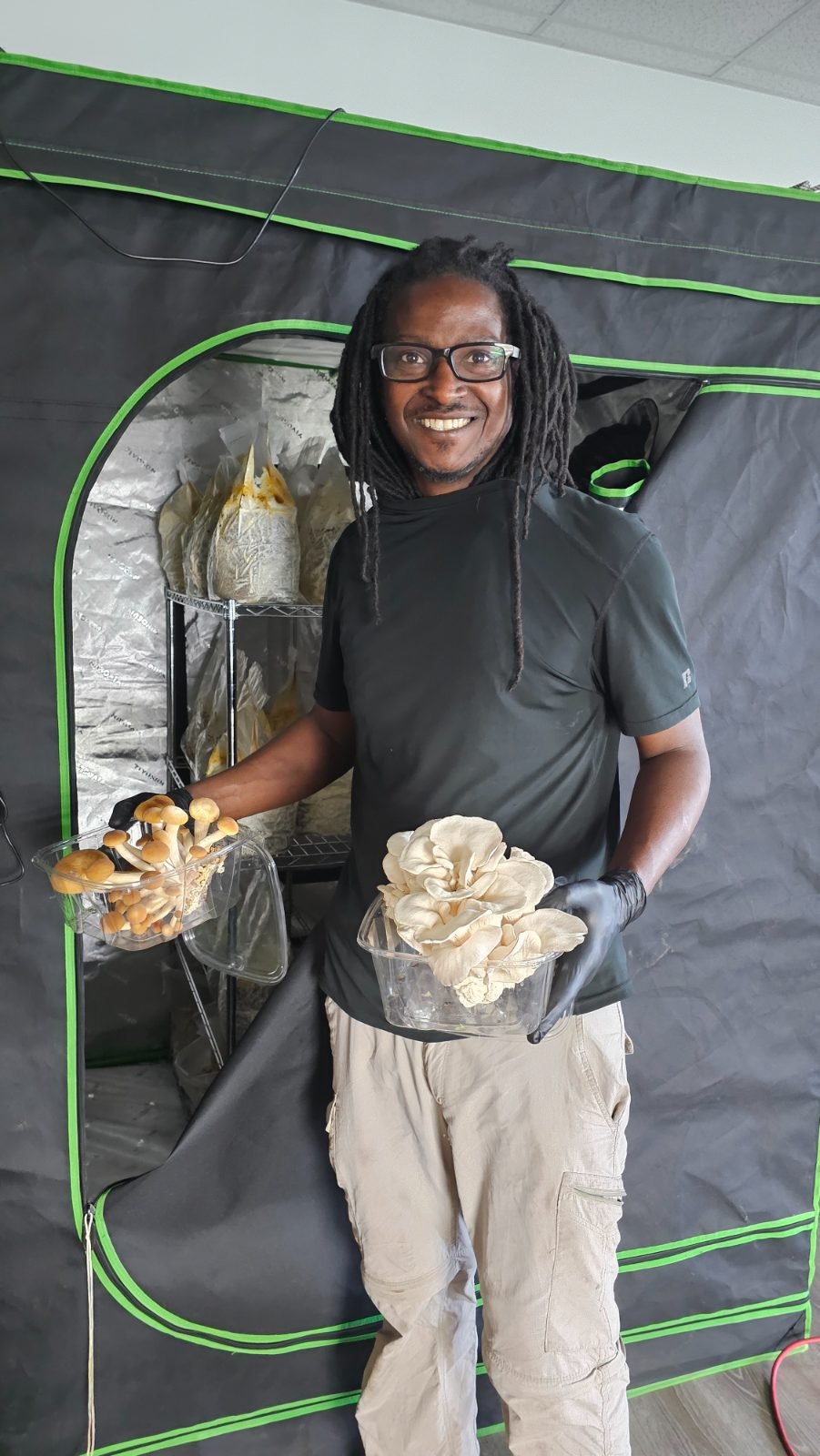 A grower in the mushroom tent, holding out two full clusters of freshly cut oyster mushrooms.