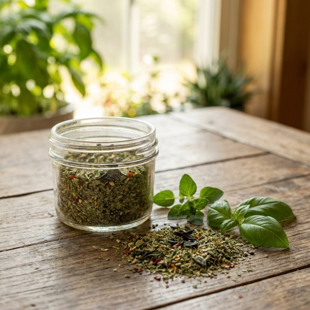 An open unlabeled jar of coarse dried green herb blend flecked with red pepper, a scatter of it on the wood beside fresh leaves.