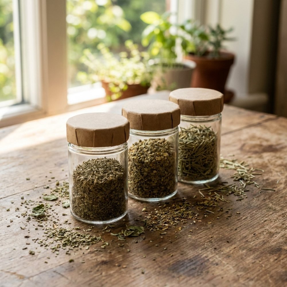 Three unlabeled glass spice jars with kraft lids in a row, each holding a different dried green herb, loose leaves scattered around them.