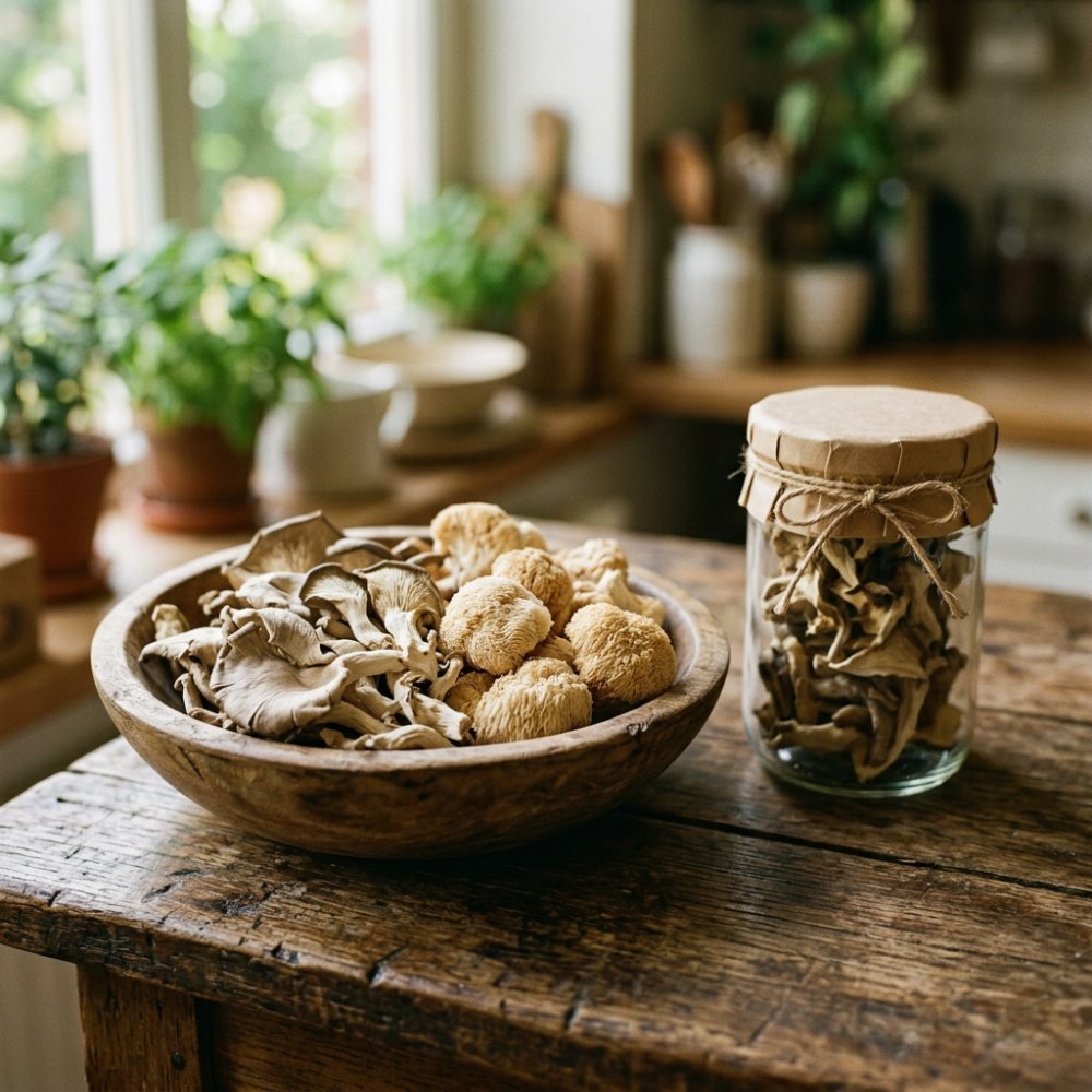 A wooden bowl of dried oyster mushroom slices and shaggy lion’s mane pieces beside an unlabeled glass storage jar.