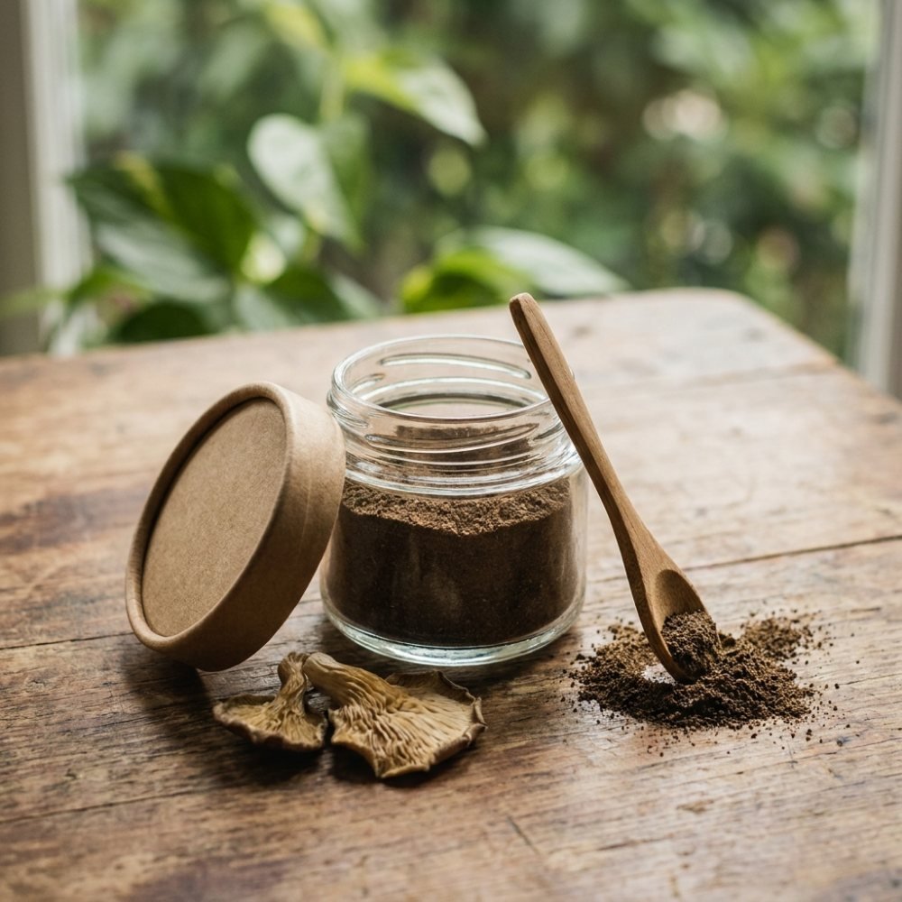 An open unlabeled glass jar of fine dark mushroom seasoning powder on a wooden table, a spoonful spilled beside it with two dried oyster mushrooms.