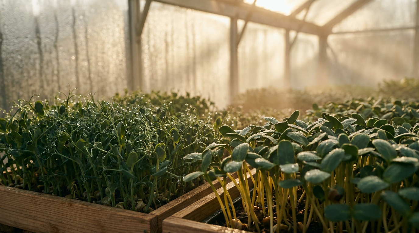Concept visualization: trays of young microgreens in golden dawn greenhouse light