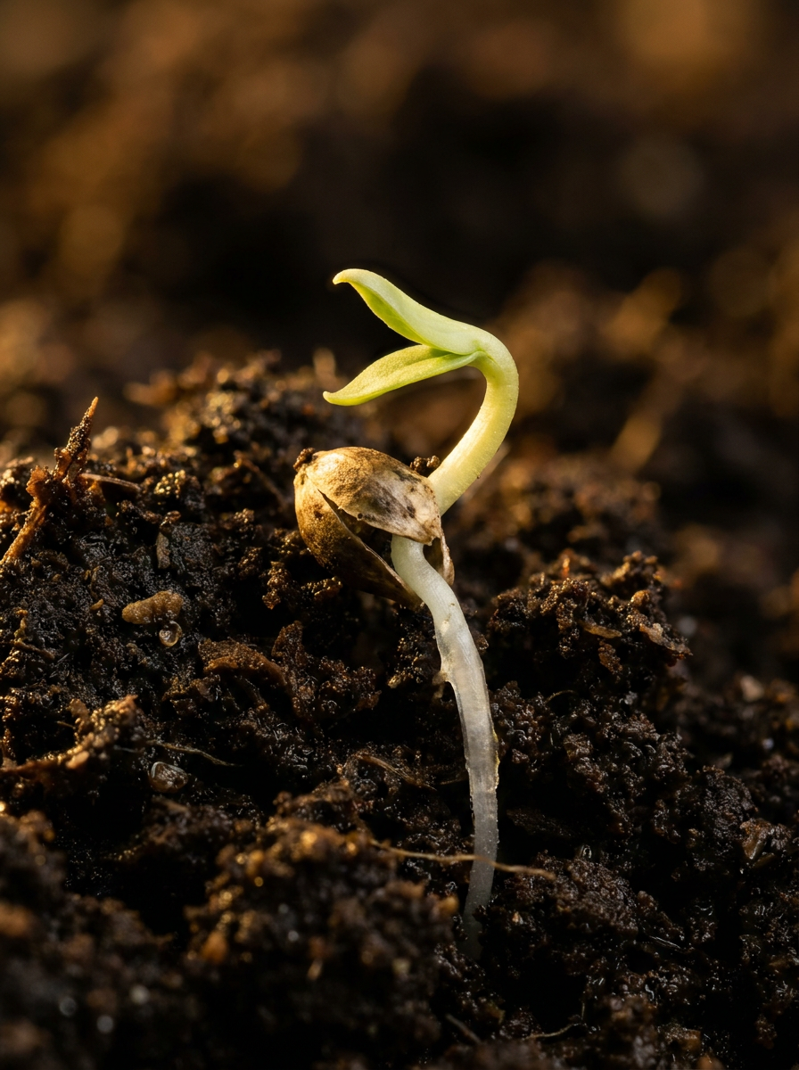 Concept visualization: a seed germinating in dark soil, root descending and green shoot rising