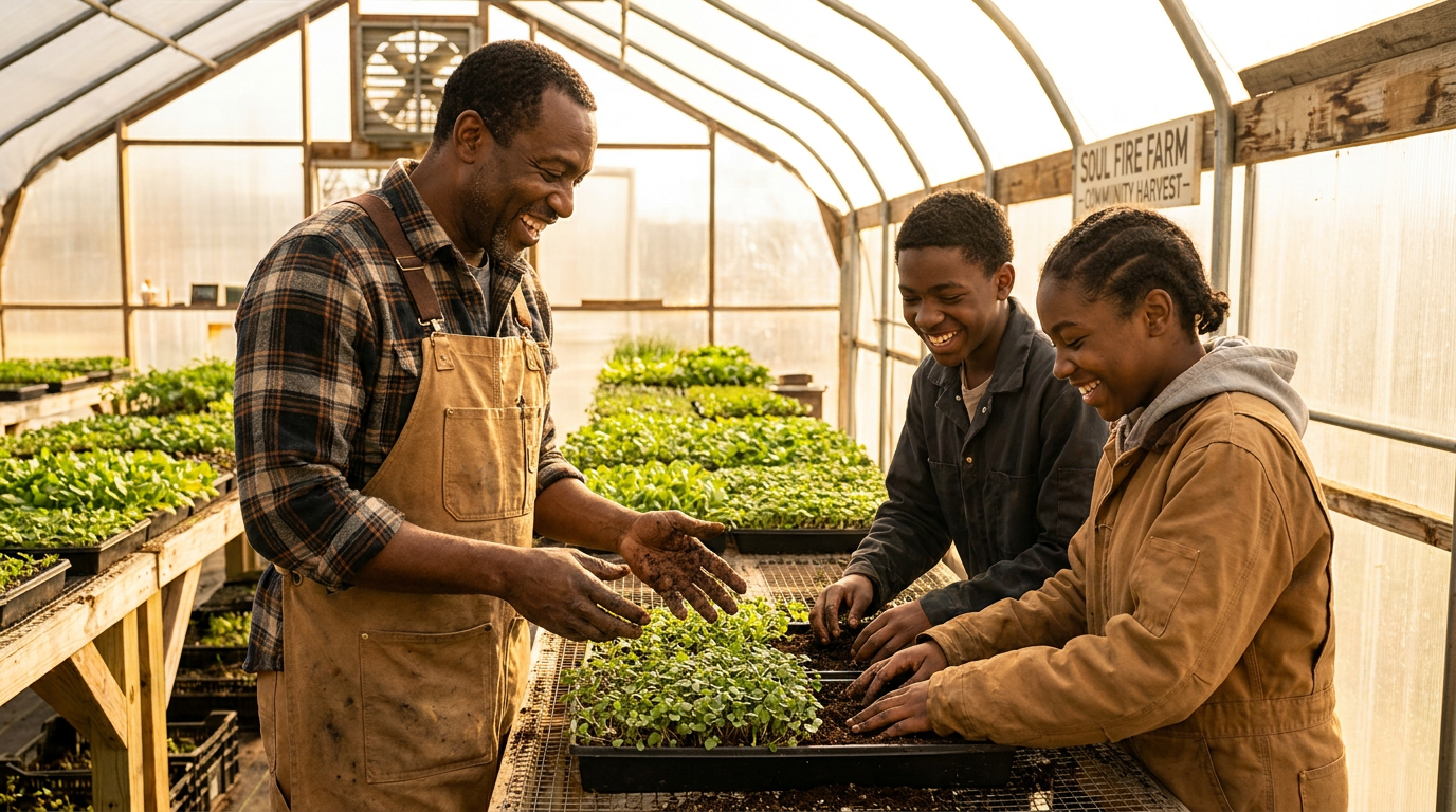 Temporary AI placeholder: a farmer teaching teenage apprentices in a greenhouse