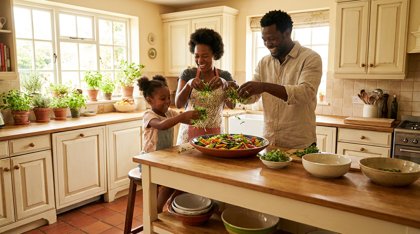 Temporary AI placeholder: a family cooking together with fresh greens in a sunlit kitchen