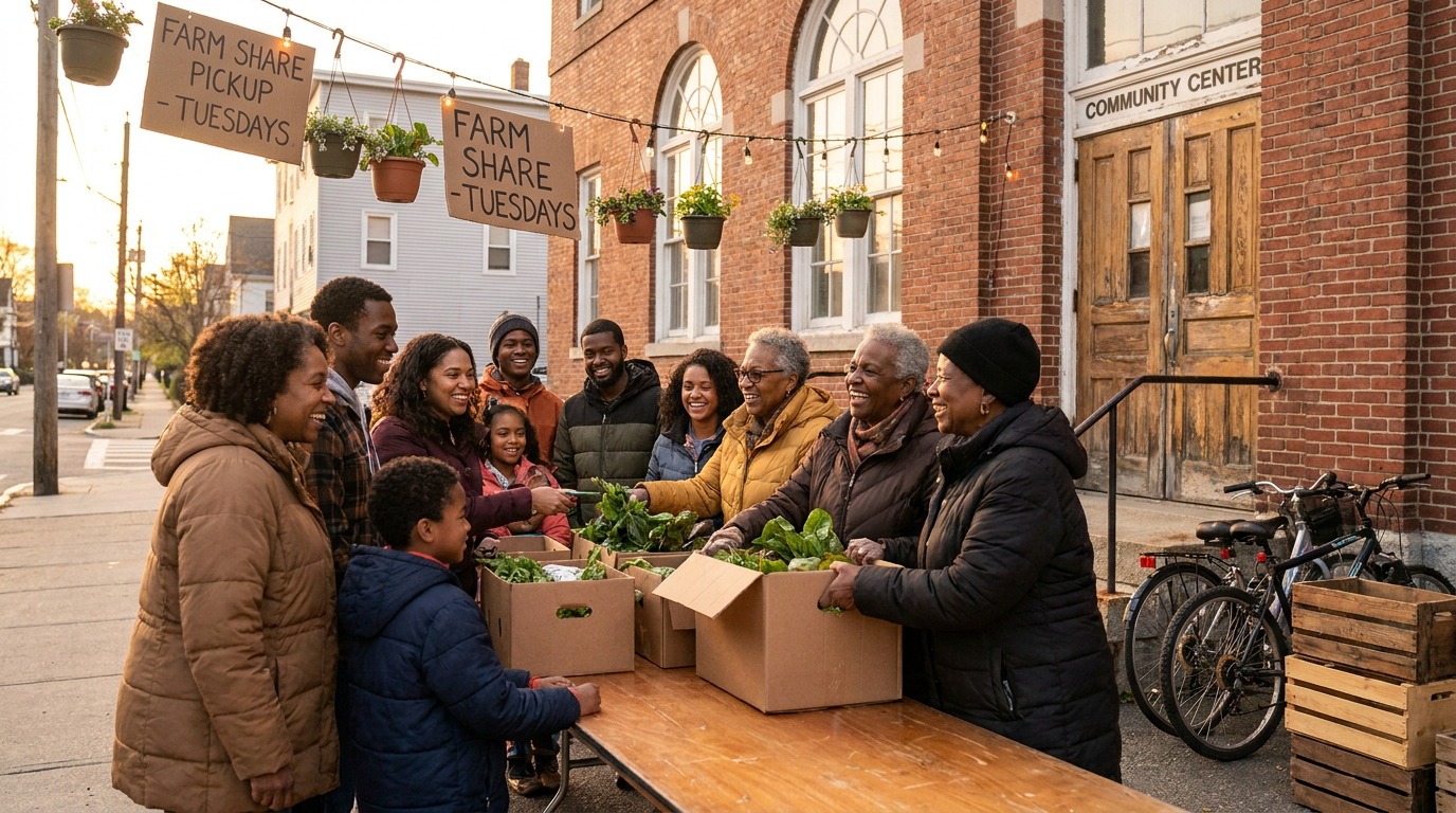 Temporary AI placeholder: neighbors at a pickup-day gathering with boxes of fresh greens