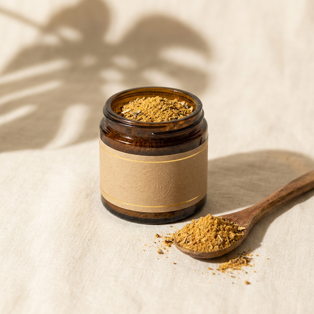 AI packaging concept: amber jar of mushroom seasoning with kraft label