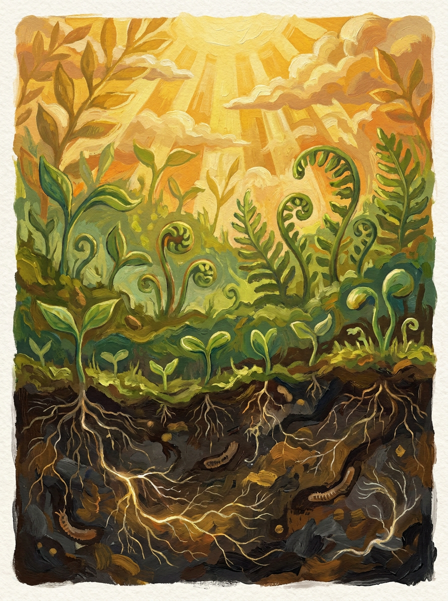 Illustration: from living soil and roots up through seedlings into golden canopy light