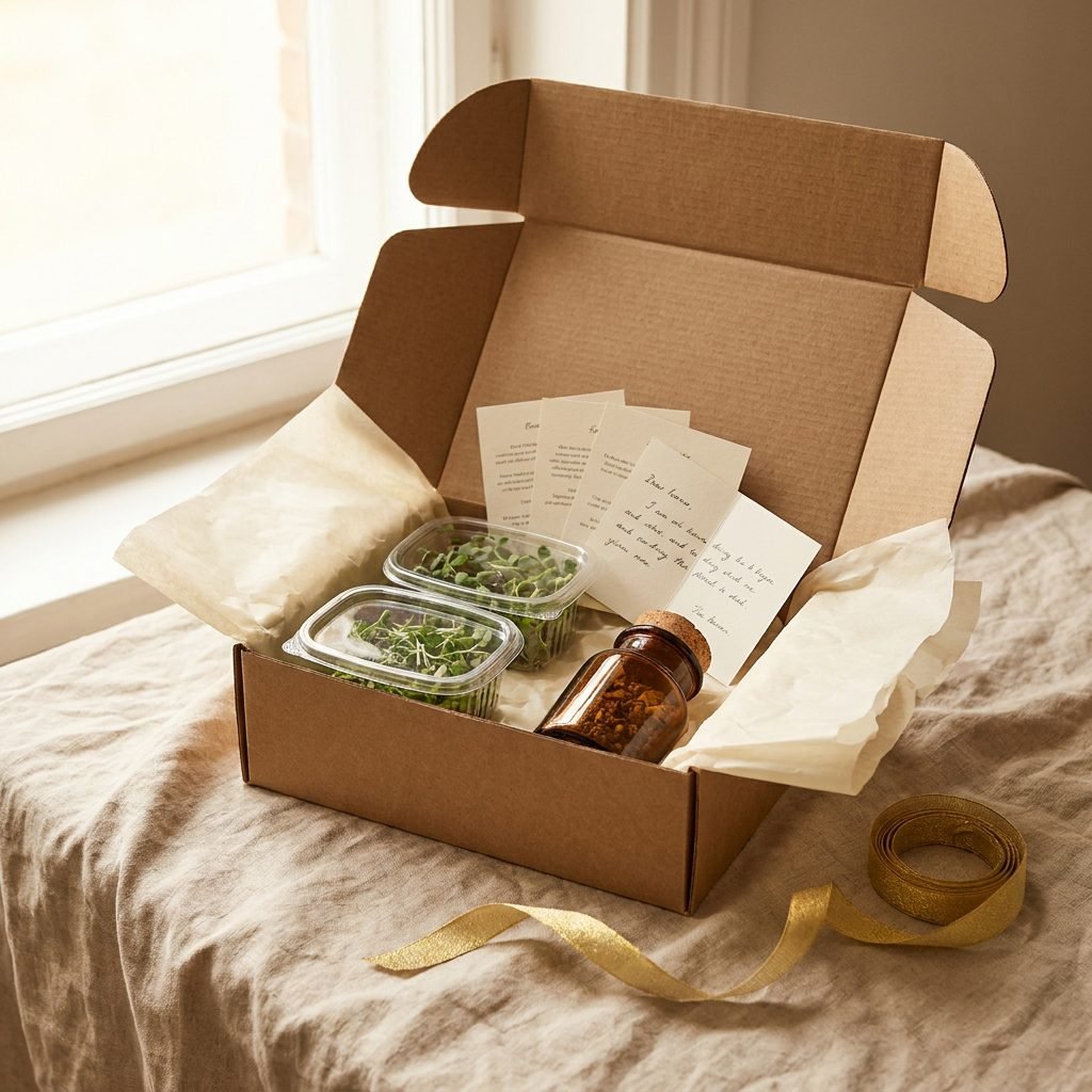 Temporary AI placeholder: open gift box with harvest containers, seasoning jar, and story cards